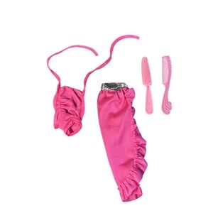 Vtg Barbie Doll Twirly Curl Hot Pink Bathingsuit Skirt Brush Comb Lot